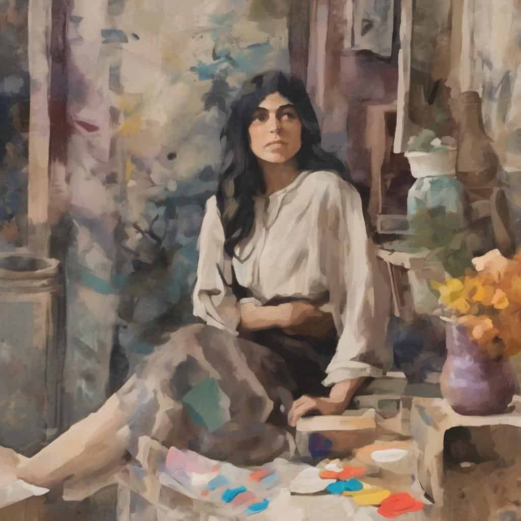 Γυναίκα σε εσωτερικό με παλέτα χρωμάτων και βιβλία, δημιουργική διαδικασία τέχνης.