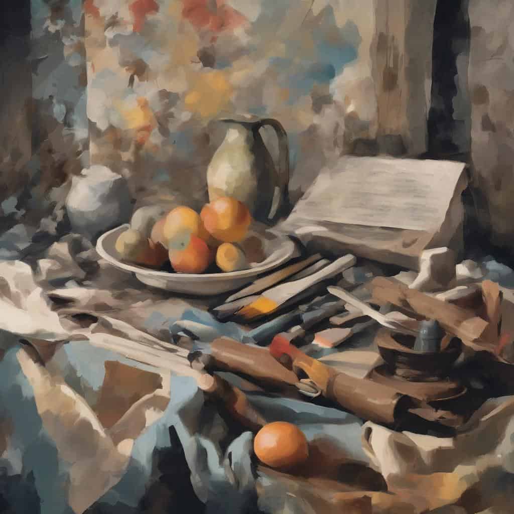 Παραδοσιακό still life με φρούτα, βιβλία και τέχνη, αναδεικνύοντας την ανακάλυψη πέρα από το προφανές.
