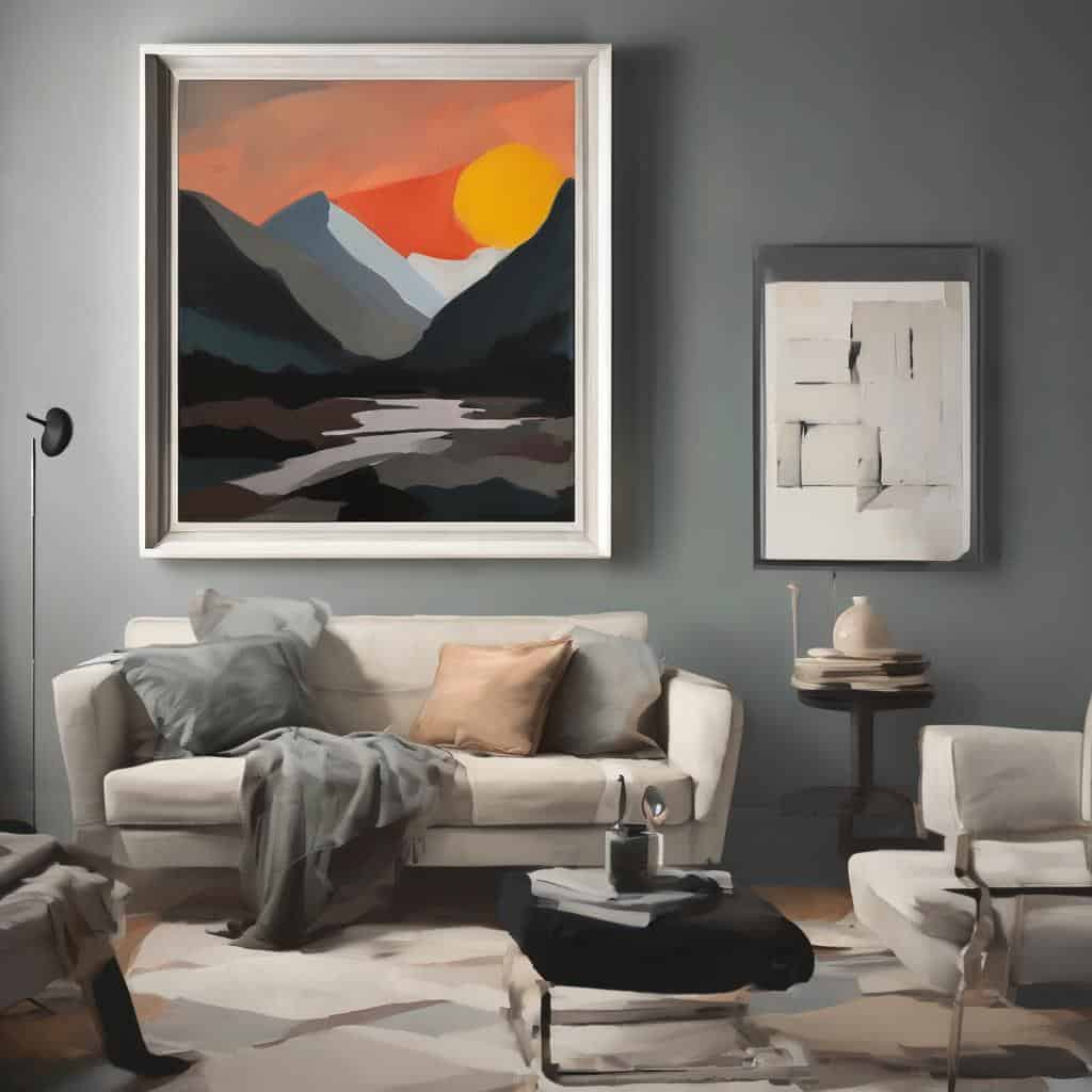 Ζωγραφική τοπίων σε μοντέρνο σαλόνι με γκρι τείχη και μονόχρωμα έπιπλα, ιδανικό για ανακάλυψη πέρα από το προφανές.