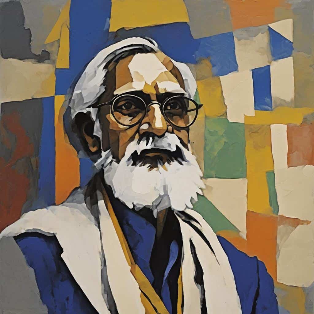 Ανθρώπινη φιγούρα με γυαλιά και λευκή γενειάδα, αφηρημένο αφηρημένο πορτρέτο, πολύχρωμο τέχνη, ανακάλυψη πέρα από το προφανές.
